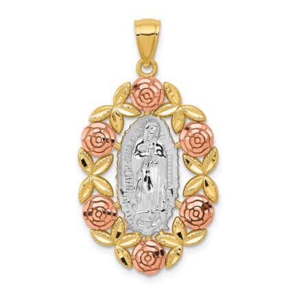 14K Two-Tone with White Rhodium Our Lady Of Guadalupe with Flowers Oval Pendant