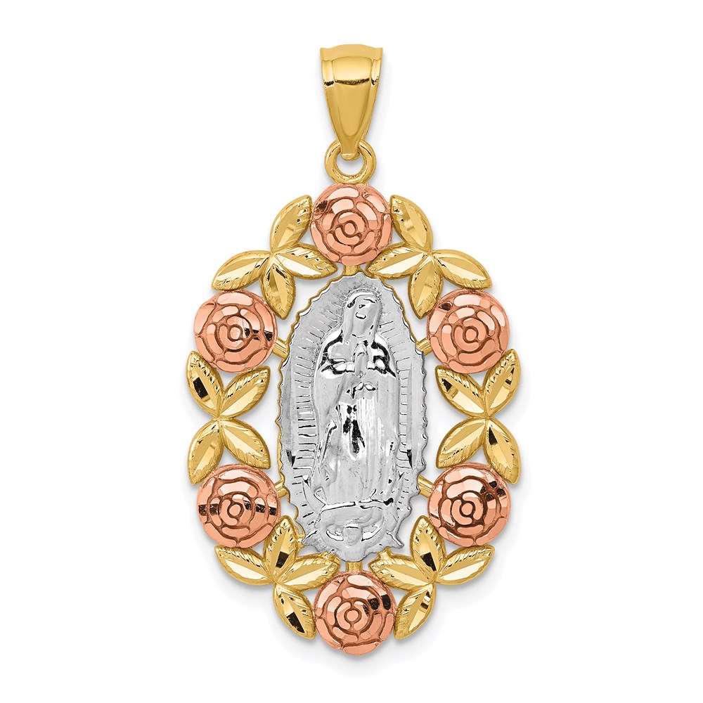K6351.jpg 14K Two-Tone with White Rhodium Our Lady Of Guadalupe with Flowers Oval Pendant - Image 1