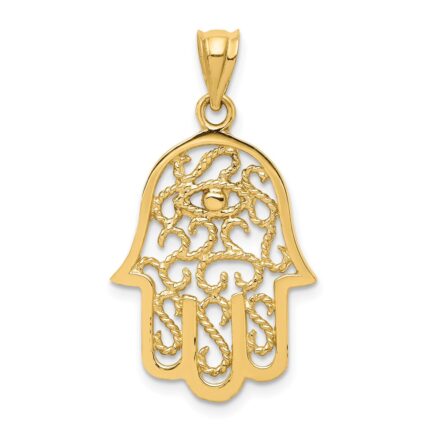 14k Polished Filigree Hamsa and Evil Eye Pendant