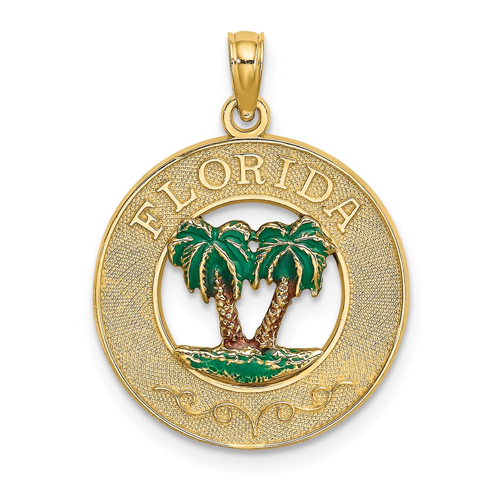K6720.jpg 14K FLORIDA Enamel Palm Trees Circle Charm - Image 1