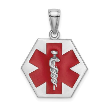 14K White Gold Red Enameled Textured Back Caduceus Medical Disc Charm