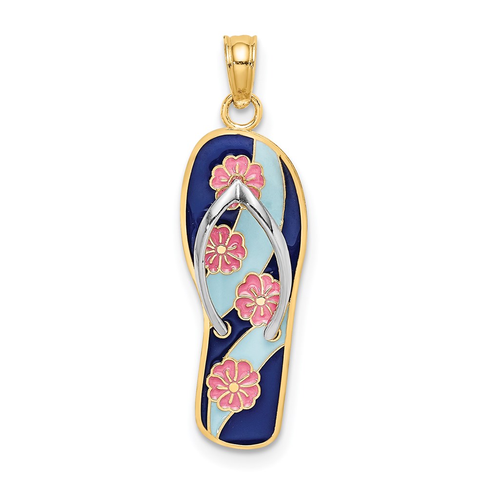 K6802.jpg 14K and White Rhodium 3-D Enameled Pink Flowers On Blue Stripes Flip-Flop Charm - Image 1