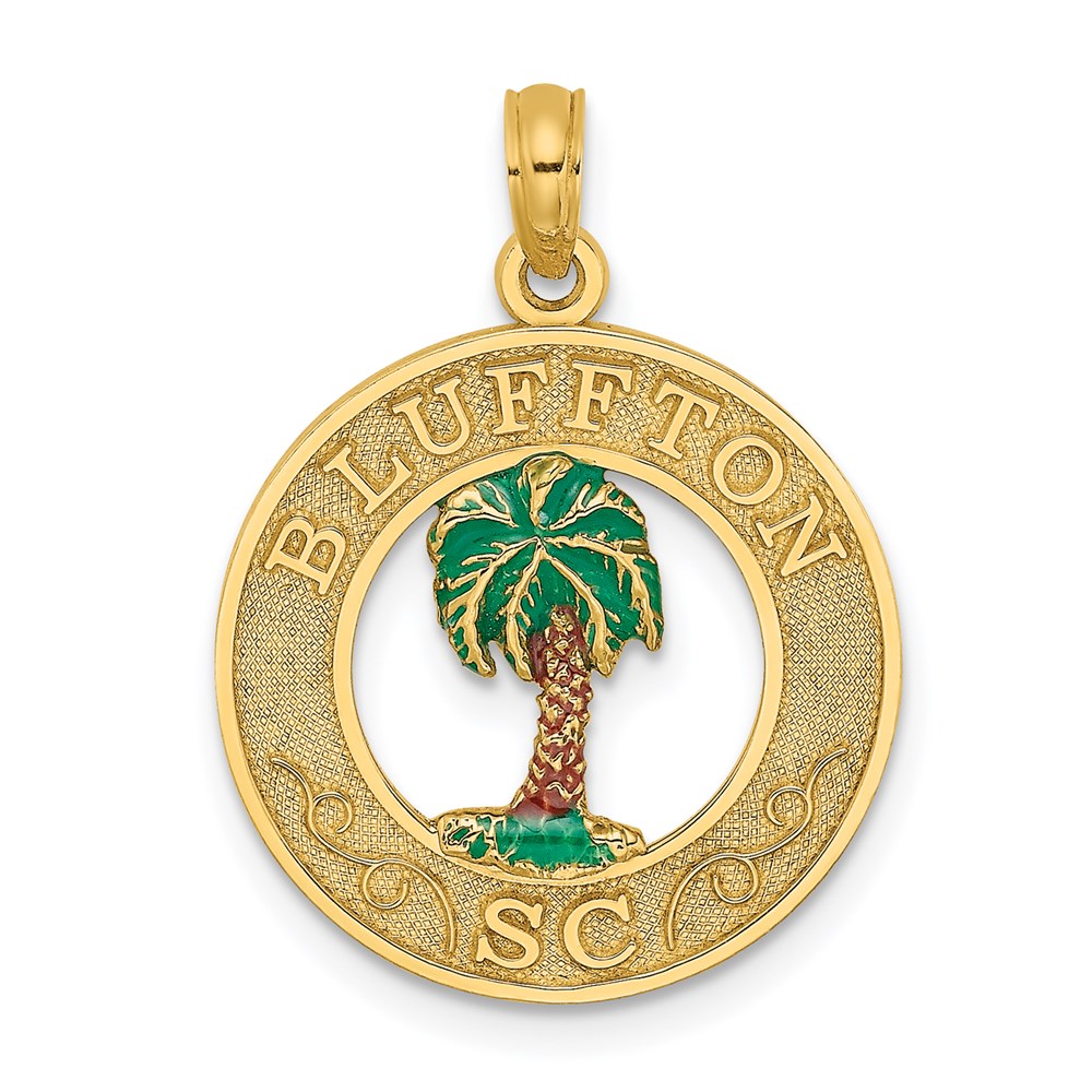 K6812.jpg 14K BLUFFTON SC Circle Enameled Palm Tree Charm - Image 1