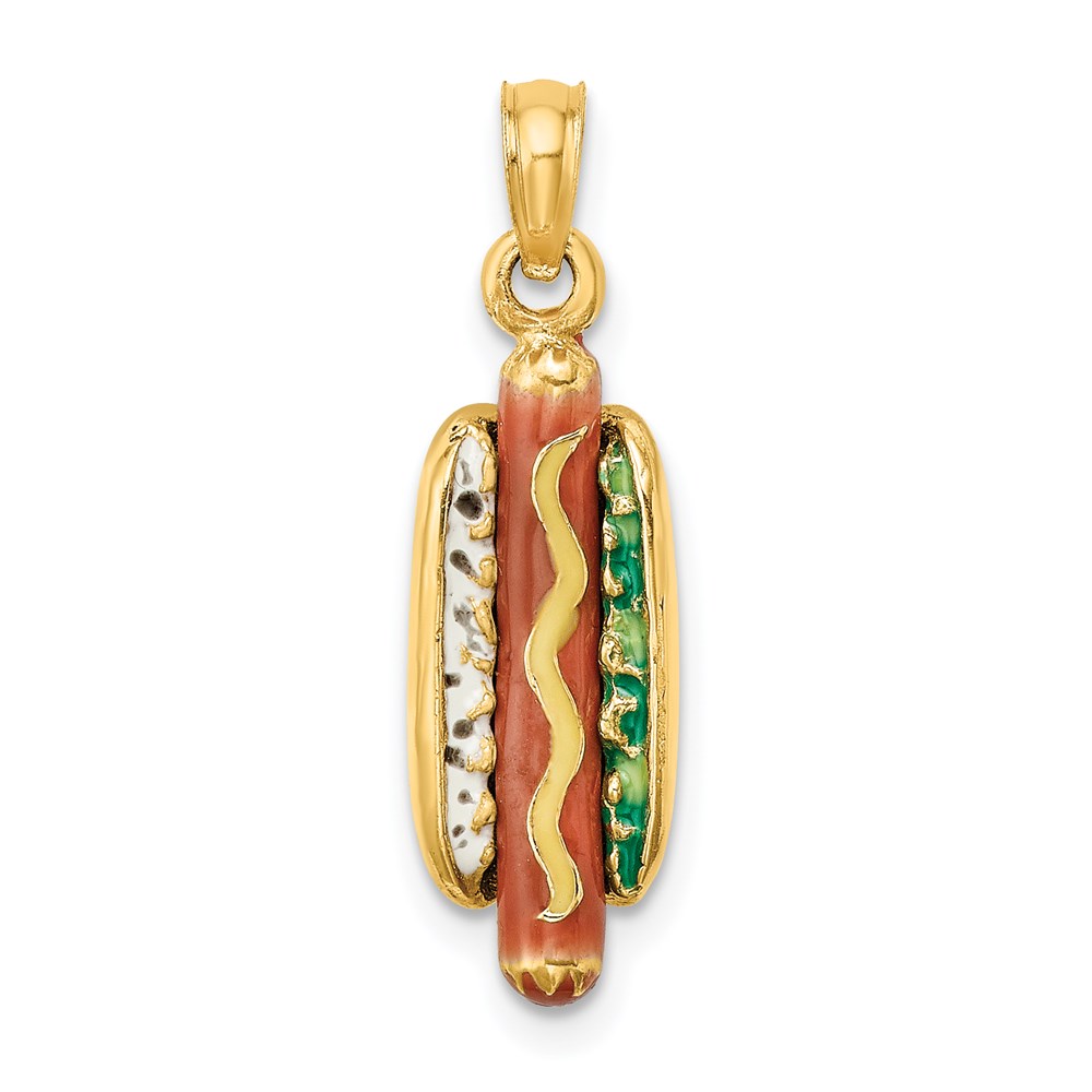K6816.jpg 14K 3-D Multi-color Enameled Hot Dog with Bun Charm - Image 1