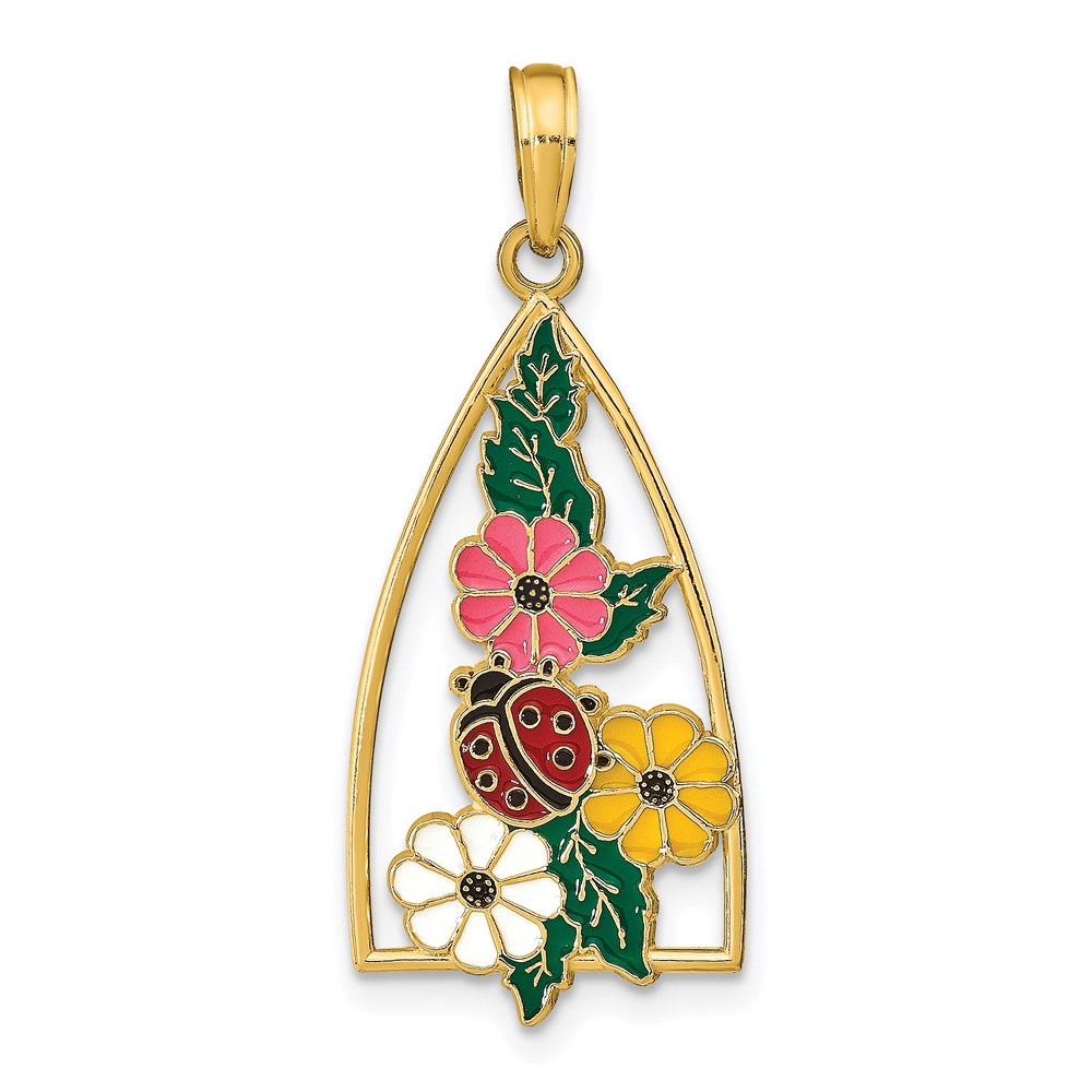 K6834.jpg 14K Enameled Ladybug and Flowers Triangle Pendant - Image 1