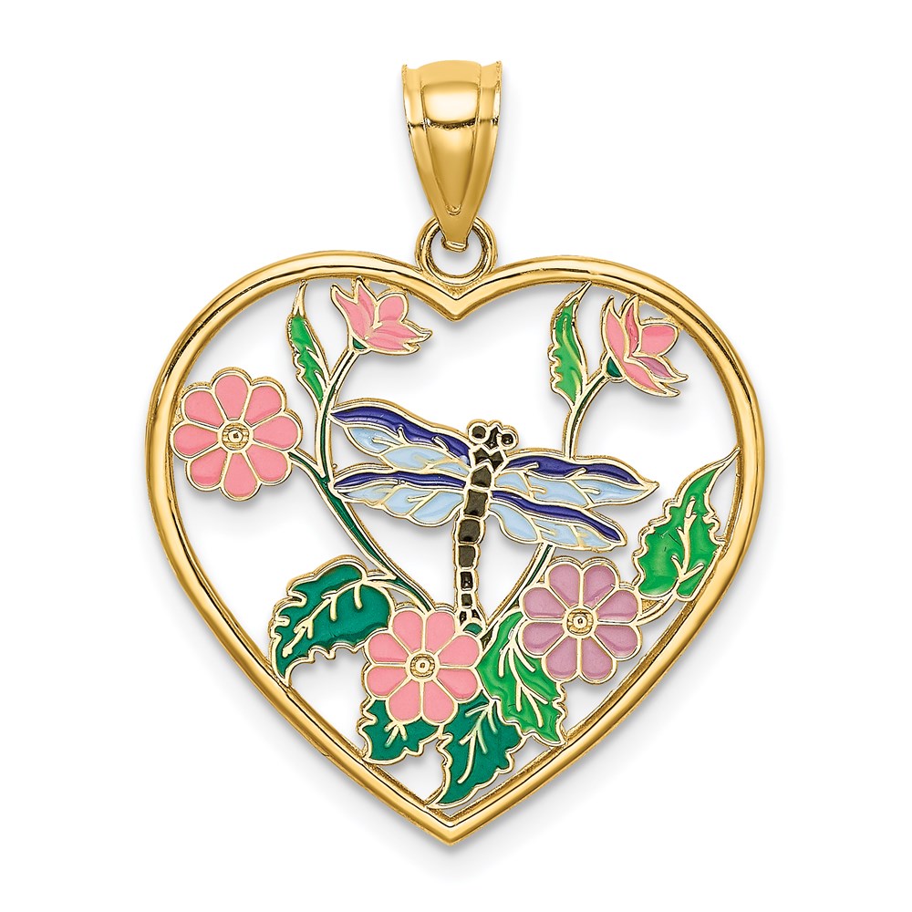 K6861.jpg 14K Enamel Dragonfly and Flower in Heart Charm - Image 1