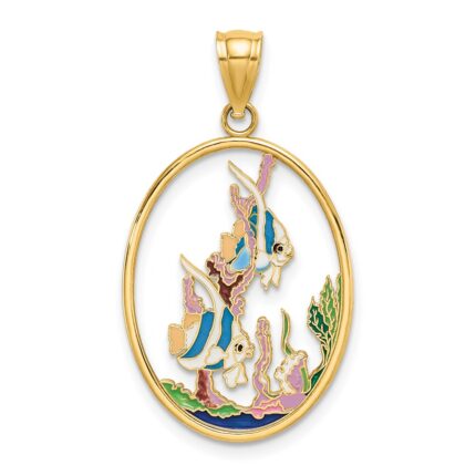 14K Multi-color Enamel Angelfish In Underwater Scene Oval Charm