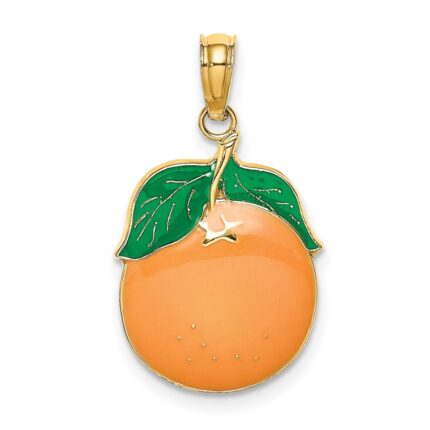 14K Orange and Green Enameled Orange with Stem and Leaf Charm