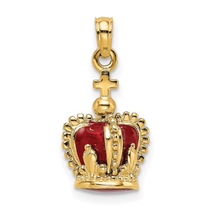 14K 3-D with Red Enamel Inside Crown with Cross On top Charm