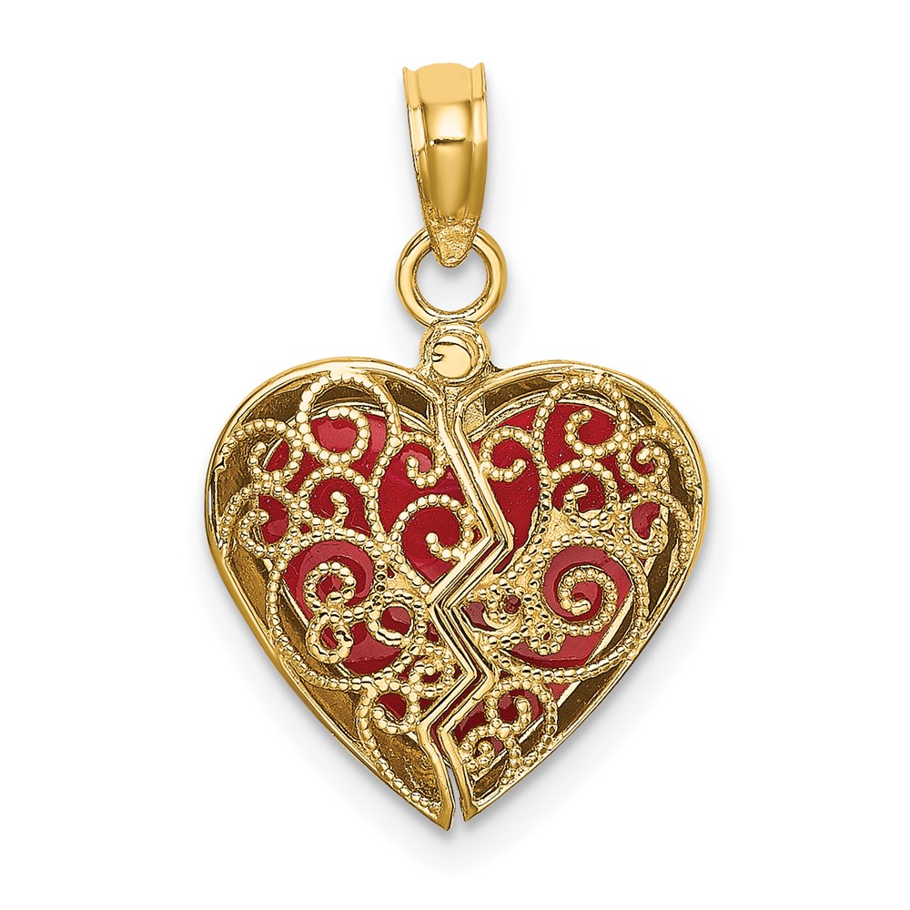 K6954.jpg 14K Red Enameled 3-D Reversible Filigree Heart That Opens Charm - Image 1