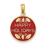 14K Enameled HAPPY HOLIDAYS with Holly Round Disc Charm
