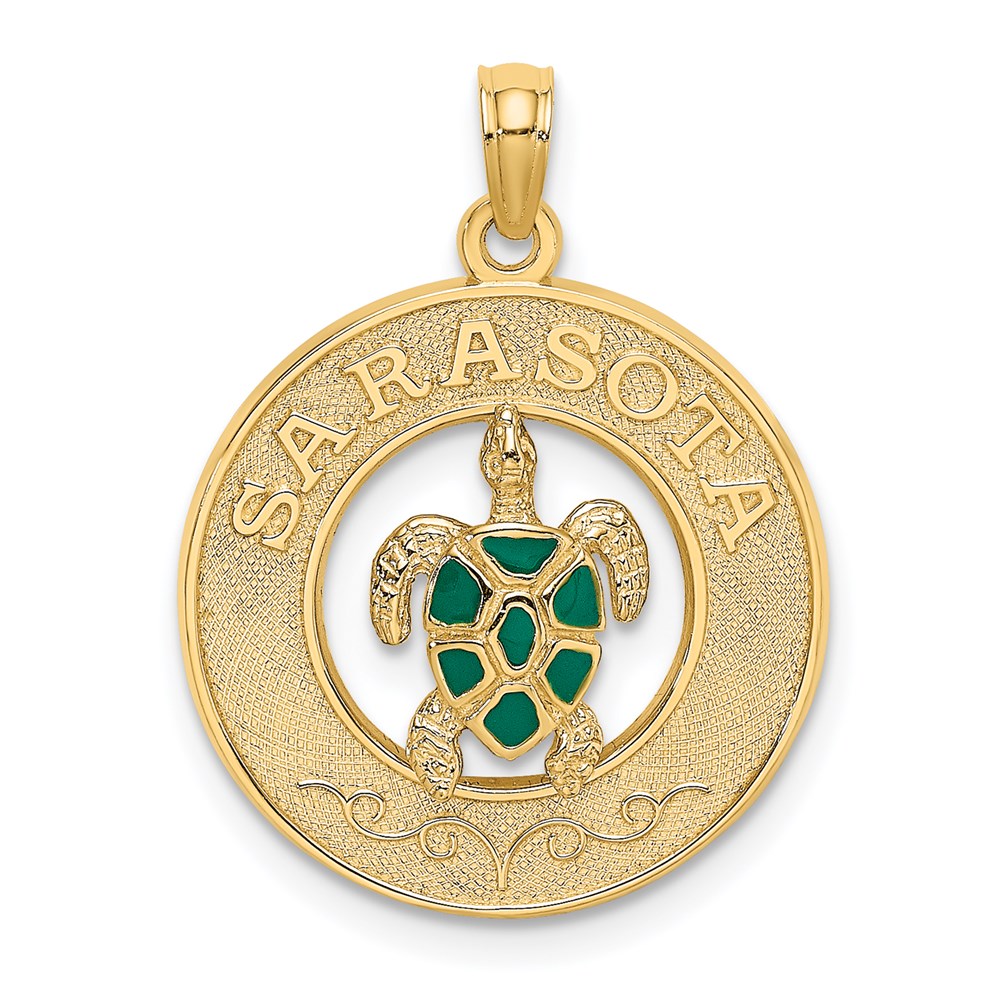 K6999.jpg 14K with Green Enamel Turtle SARASOTA Circle Charm - Image 1