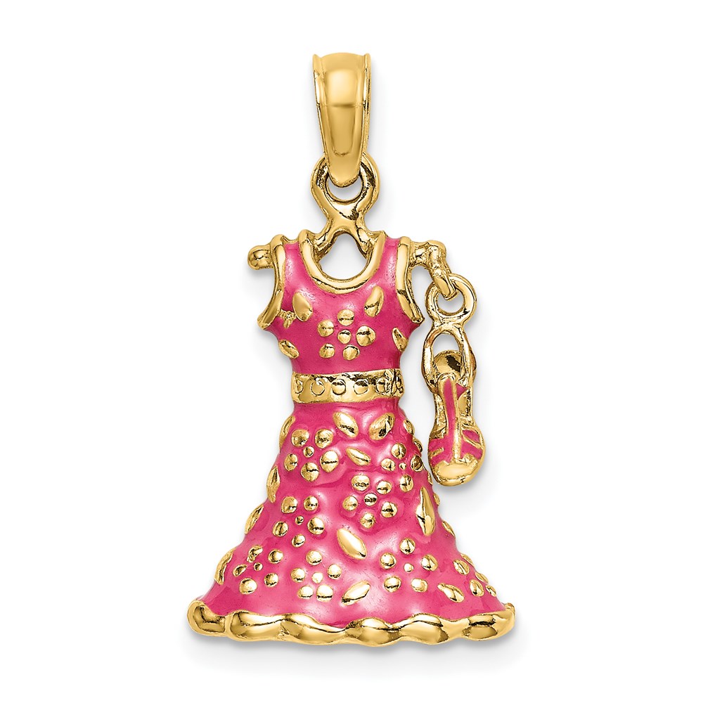 K7035.jpg 14K 3-D Pink Floral Enameled Dress with Moveable Dangle Shoe Charm - Image 1