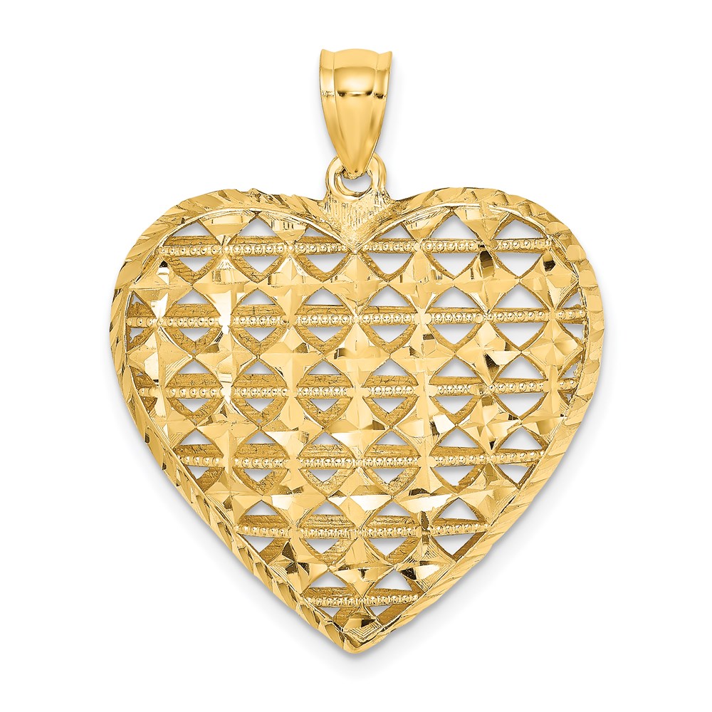 K7128.jpg 14K 3-D Filigree Diamond-cut Puffed Heart Pendant - Image 1