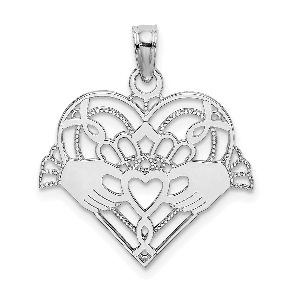 K7191W.jpg 14K White Gold Polished and Beaded Claddagh In Heart Charm - Image 1