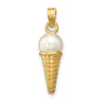 14K Satin Polished 3-D White Bead Ice Cream Cone Pendant - Image 3