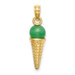 14K Satin Polished 3-D Green Bead Ice Cream Cone Pendant - Image 3