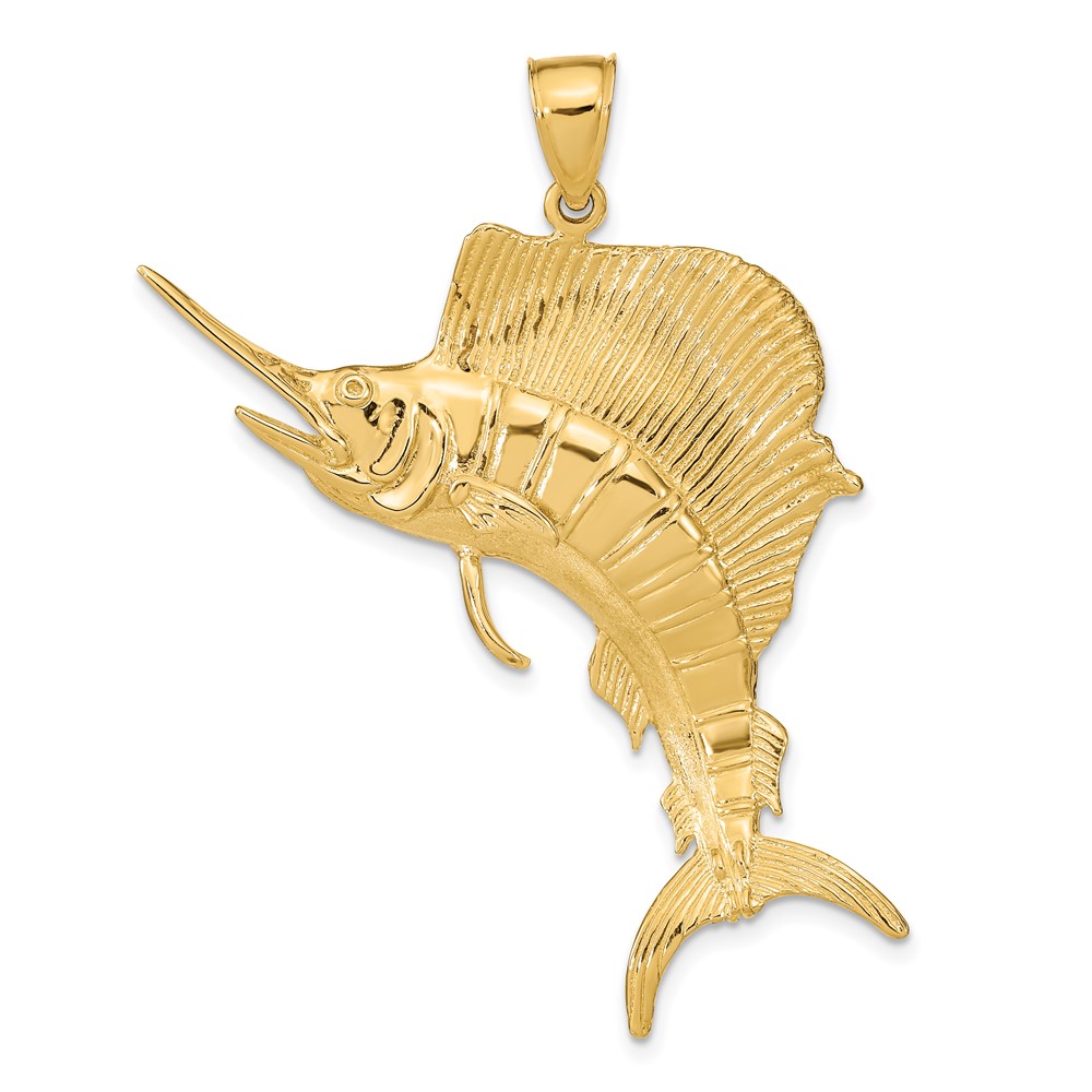 K7542.jpg 14K Large 3-D Polished and Textured Jumping Sailfish Charm - Image 1