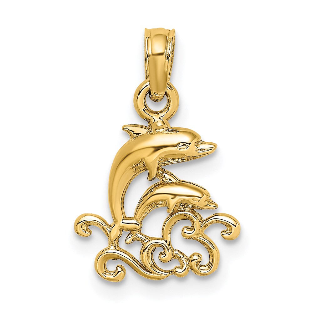 K7768.jpg 14K Textured Mini Double Dolphins and Waves Charm - Image 1