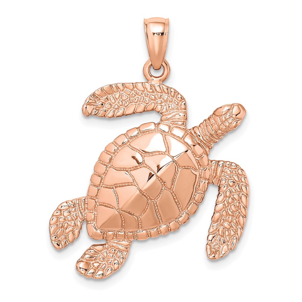 K8163R.jpg 14K Rose Gold Large Textured Swimming Sea Turtle Charm - Image 1