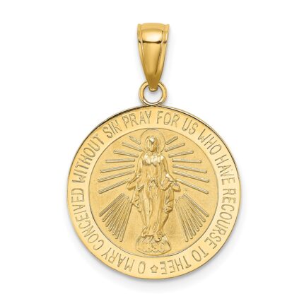 14K Polished and Satin Miraculous Medal Round Charm