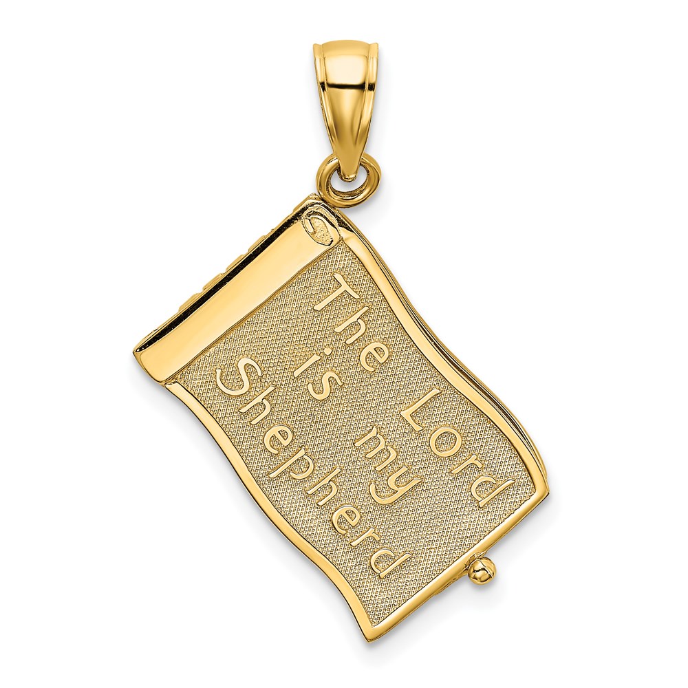 K8605.jpg 14K 3-D THE LORD IS MY SHEPHERD Book Psalm 23 with Moveable Pages Pendant - Image 1