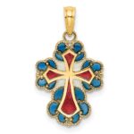 14K Blue/White/Red Enameled with Lacey Trim Cross Charm