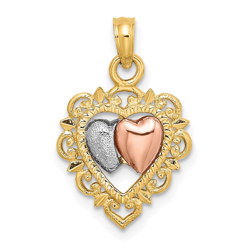 K8983.jpg 14k Two-tone with White Rhodium Textured Hearts Charm - Image 1