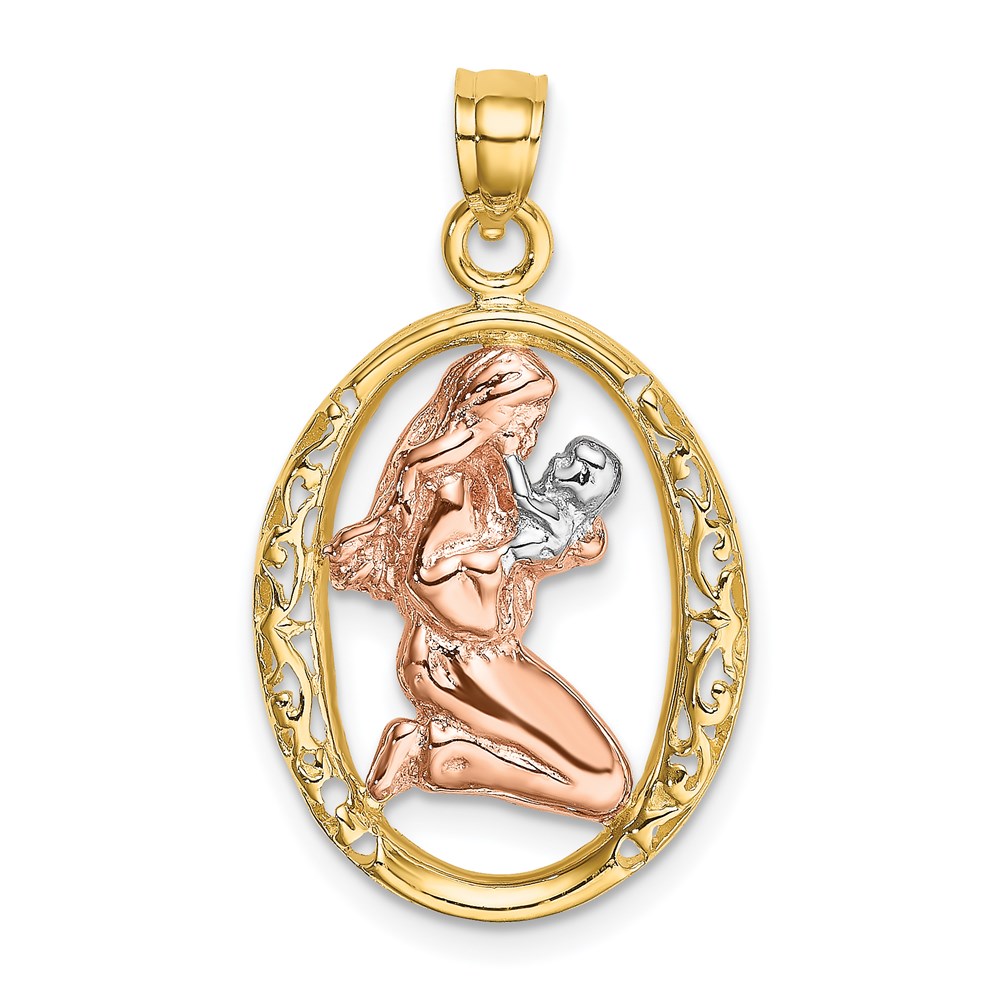K8989.jpg 14k Two-tone with White Rhodium Mother and Baby In Oval Frame Charm - Image 1