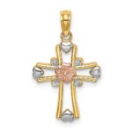 14K Two-tone and White Rhodium Cross with Flower and Hearts Charm