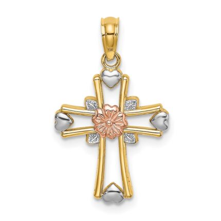 14K Two-tone and White Rhodium Cross with Flower and Hearts Charm