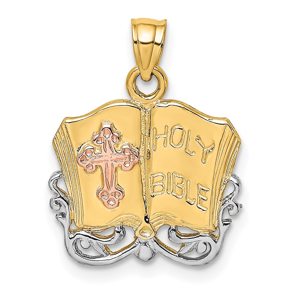 K8998.jpg 14K Two-tone and White Rhodium Open Holy Bible with Cross Charm - Image 1