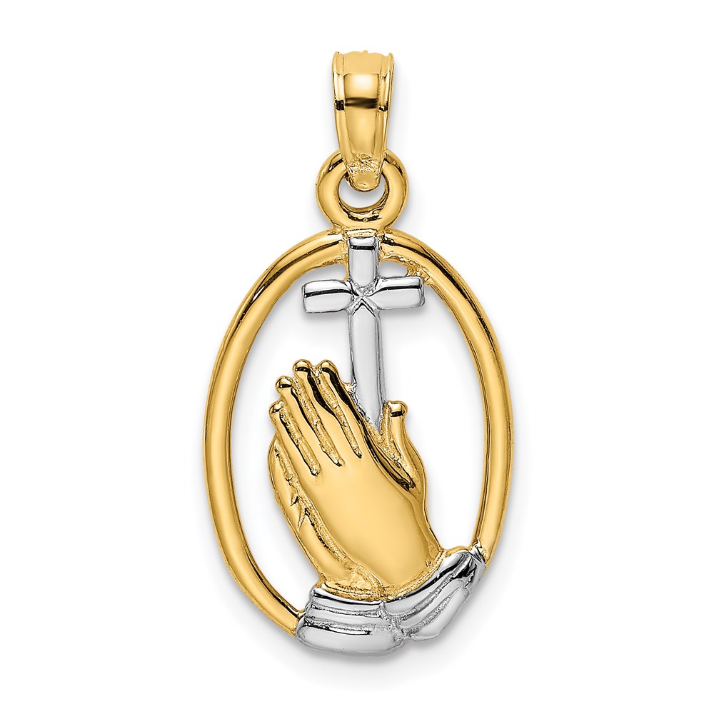 K9038.jpg 14K and White Rhodium Praying Hands and Cross Oval Charm - Image 1