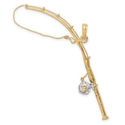 14K and White Rhodium 3-D Moveable Fishing Pole with Reel Charm
