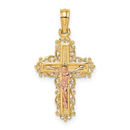 14K Two-Tone Crucifix with Lace Trim Charm