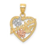 14k Two-tone with White Rhodium #1 DAUGHTER In Heart with Flowers Charm