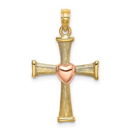 14k Two-Tone Textured Finish Cross with Heart Charm