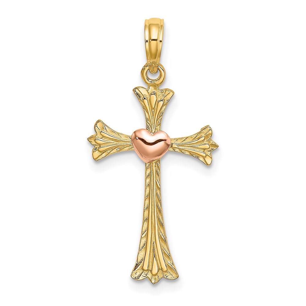 K9080.jpg 14k Two-Tone Textured Cross with Heart Charm - Image 1
