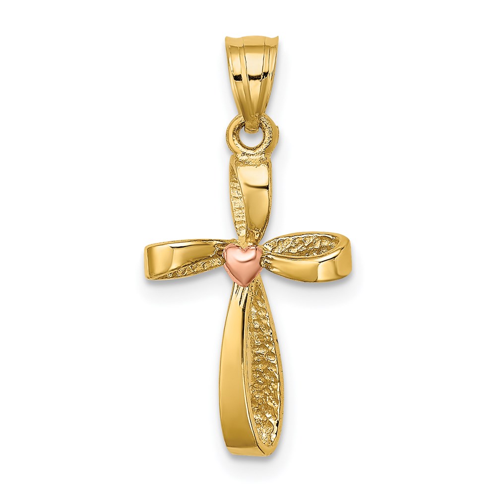 K9090.jpg 14k Two-Tone Twisted Cross with Heart Charm - Image 1