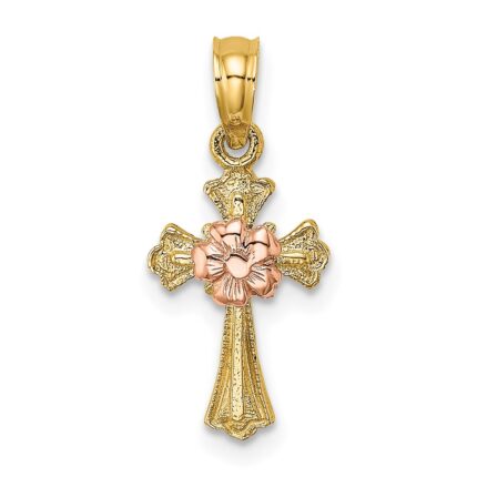 14k Two-Tone Cross with Small Flower Charm