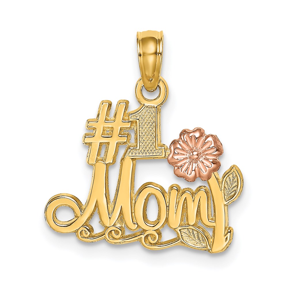 K9185.jpg 14k Two-Tone #1 MOM Script with Flower Charm - Image 1