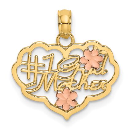 14k Two-Tone Diamond-cut #1 GOD MOTHER and Flowers In Heart Charm