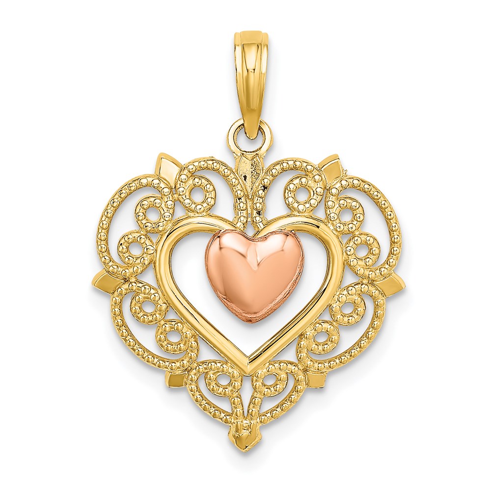 K9233.jpg 14k Yellow and Rose Heart Dangle with Lace Border Charm - Image 1