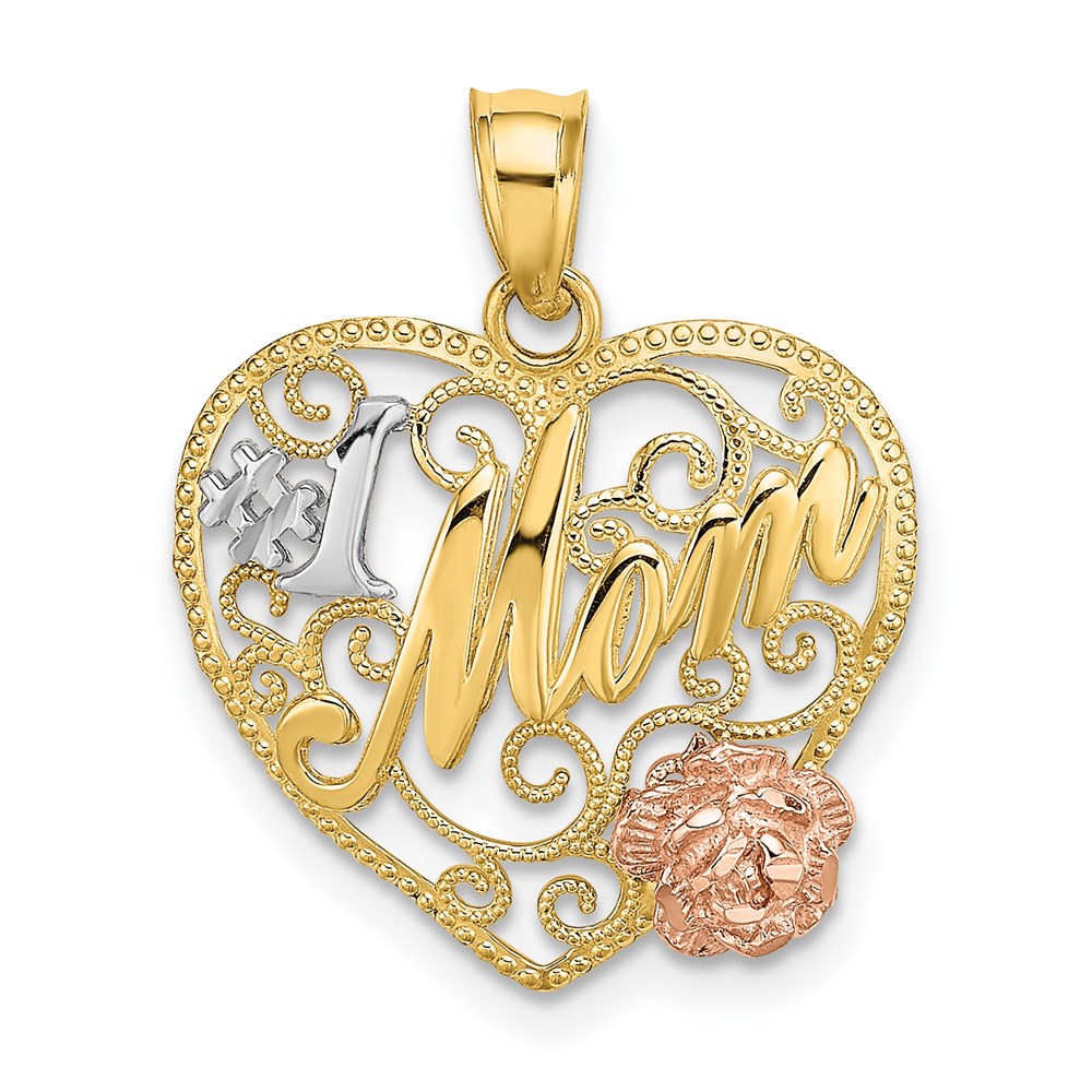 K9250.jpg 14k Two-tone with White Rhodium #1 MOM with Flower Heart Charm - Image 1