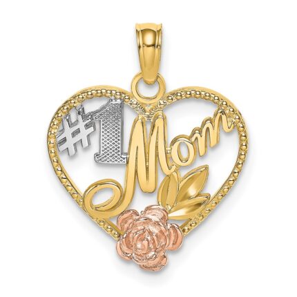 14k Two-tone with White Rhodium Textured #1 Mom Heart Charm