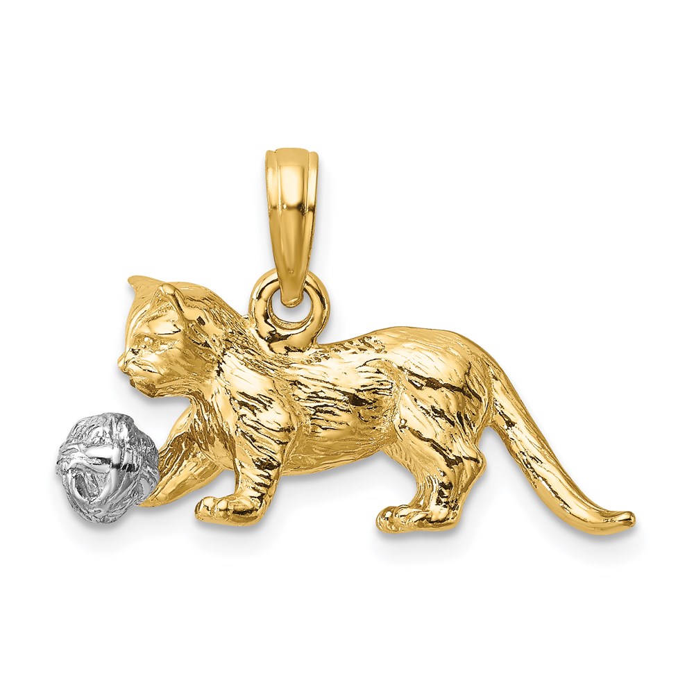 K9319.jpg 14k Two-Tone 3-D Cat Playing with Moveable Ball Charm - Image 1