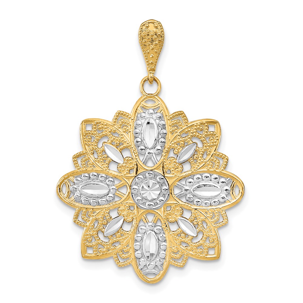 K9327.jpg 14K and White Rhodium Diamond-cut and Filigree Flower Charm - Image 1