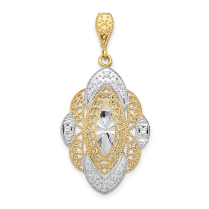 14k and White Rhodium Diamond-cut Filigree Oval Charm