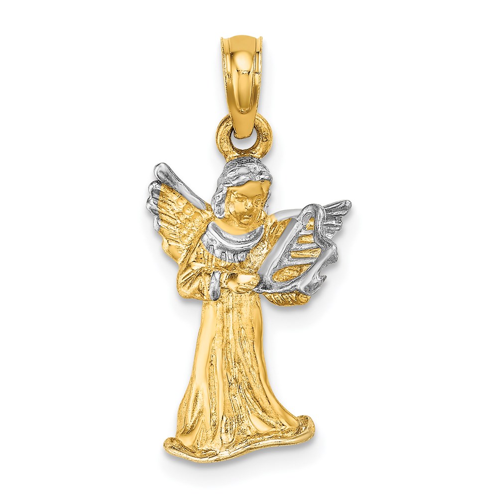 K9351.jpg 14k and White Rhodium 3-D Angel Playing Harp Charm - Image 1