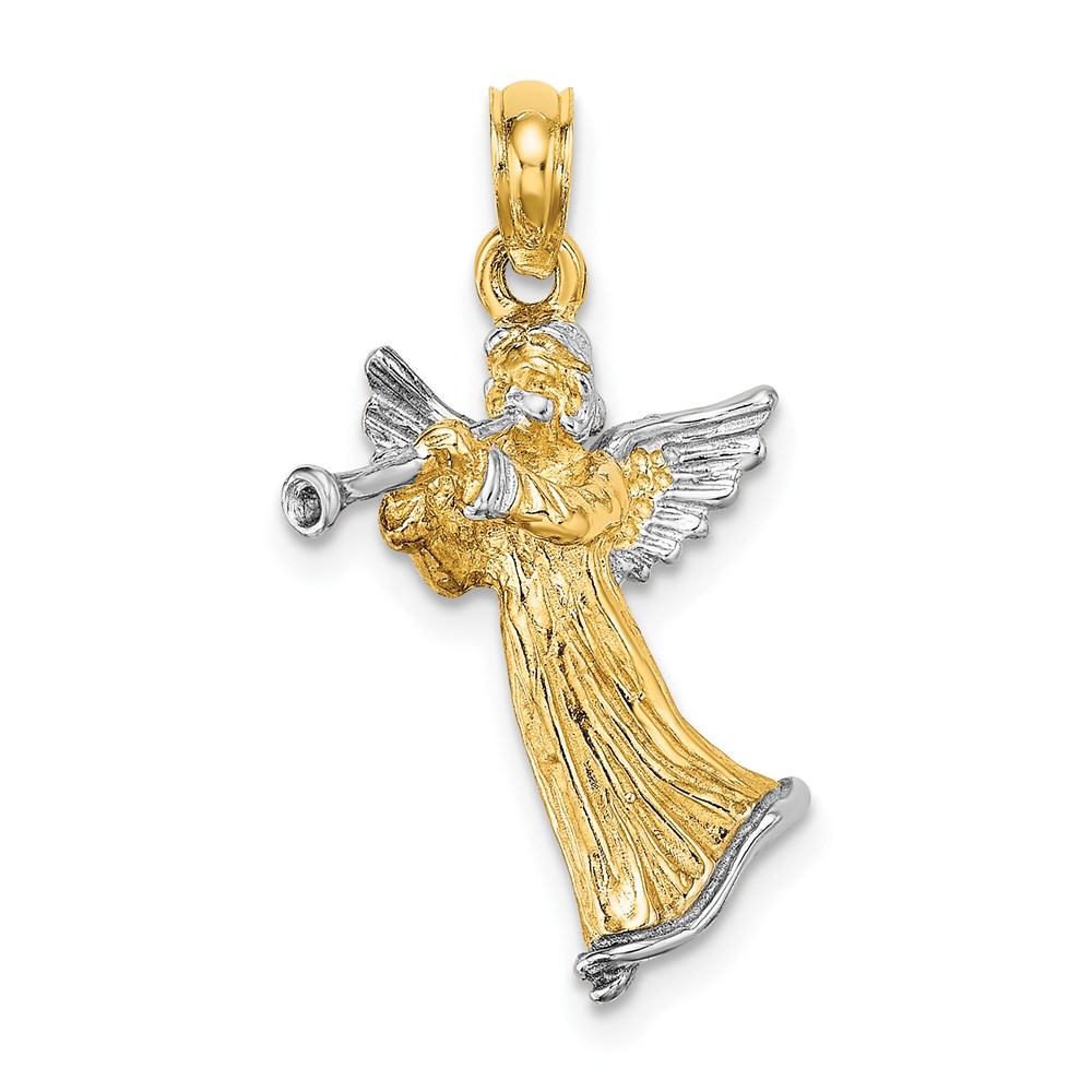 K9353.jpg 14k and White Rhodium 3-D Angel Playing Trumpet Charm - Image 1